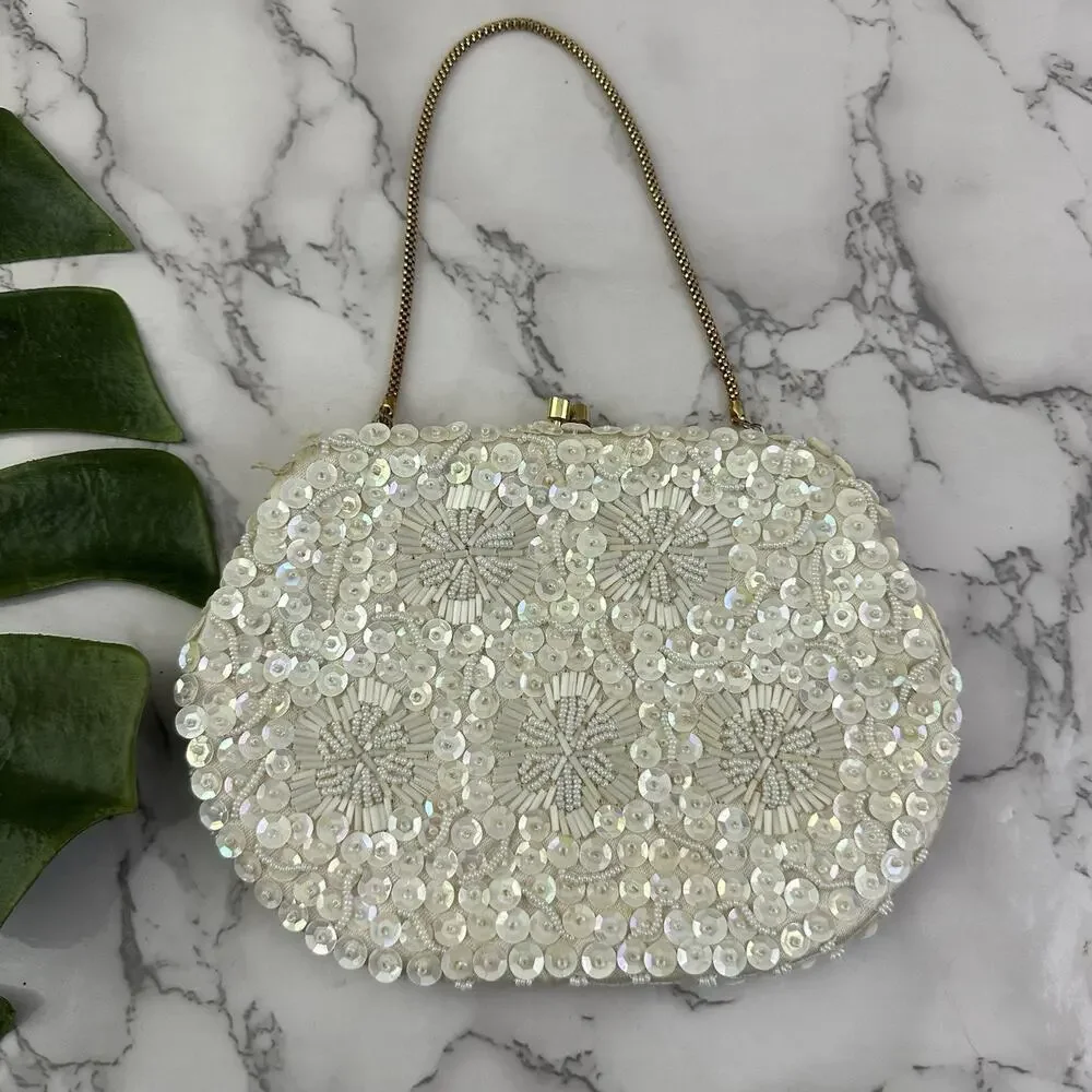 Vintage 70s Beaded Handbag Purse Cream Gold Sequin Kiss Lock Frame Evening